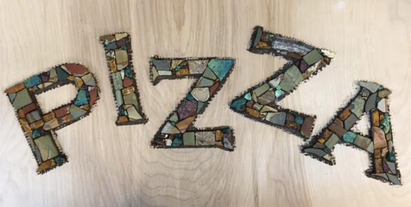 mosaic signage for wood-fired pizza oven
